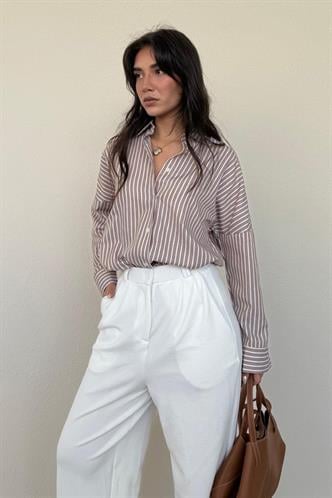 Camel Çizgili Kadın Gömlek Mg2410