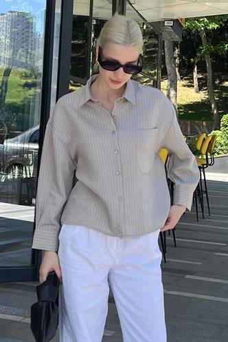 Gri Çizgili Oversize Kadın Gömlek MG2093