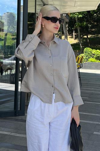 Gri Çizgili Oversize Kadın Gömlek MG2093