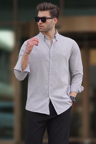 Gri Uzun Kollu Pamuklu Keten Görünümlü Erkek Gömlek 6743