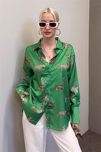 Mad Girls Leoparlı Yeşil Saten Gömlek MG187