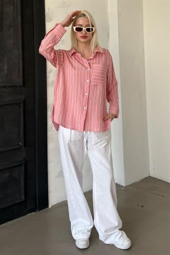 Pembe Çizgili Cep Detaylı  Kadın Gömlek Mg2345