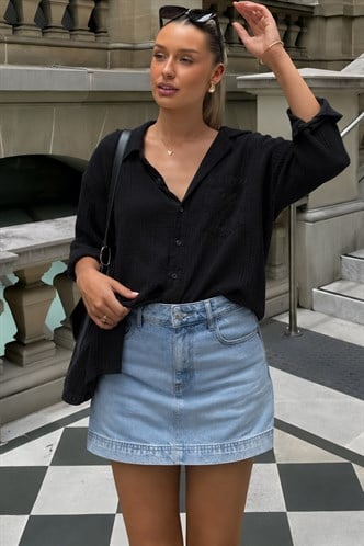 Siyah Muslin Kumaş Basic Kadın Gömlek MG1784