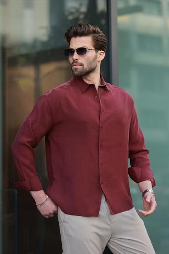 Bordo  Basic Uzun Kollu Erkek Gömlek E6762