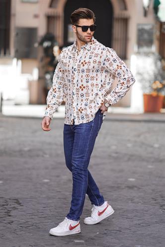 Kahverengi Desenli Uzun Kollu Oversize Erkek Gömlek 6731