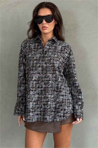 Camel Ekose Desen Oversize Kadın Gömlek MG2899