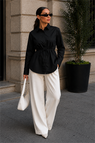 Siyah Belden Bağlamalı Oversize Cepli Gömlek MG2798
