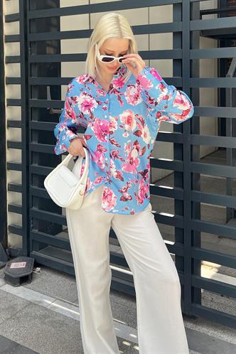 Mavi Çiçek Desenli Saten Gömlek MG1787