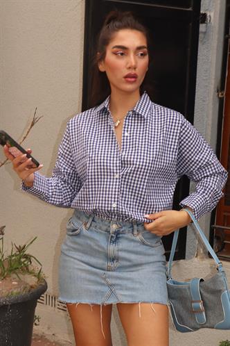 Lacivert Pötikareli Uzun Kollu Kadın Gömlek Mg2386