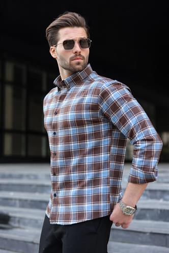 Bebe Mavisi Düğmeli Ekose Desenli Erkek Gömlek E6768