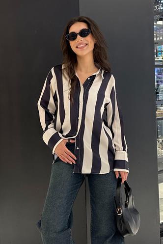Lacivert Çizgili Oversize Kadın Gömlek MG1850