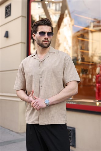 Bej %100 Pamuklu Rahat Kesim Erkek Gömlek E6773