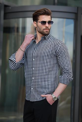 Siyah Pötikareli Uzun Kollu Erkek Gömlek E6763