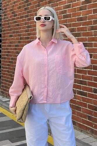 Pembe Çizgili Oversize Kadın Gömlek MG2093