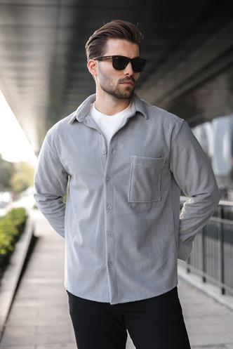 Gri Düğmeli Kadife Erkek Gömlek E6766