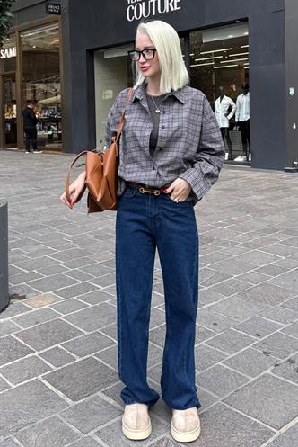 Gri Oversize Ekose Desenli Kadın Gömlek MG2589