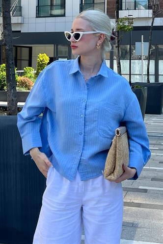 Mavi Çizgili Oversize Kadın Gömlek MG2093