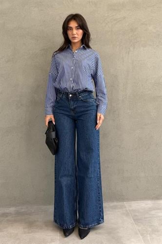 Lacivert Çizgili Kadın Gömlek Mg2410