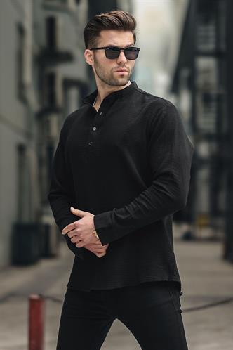 Erkek Siyah Müslin Uzun Kollu Gömlek 6742