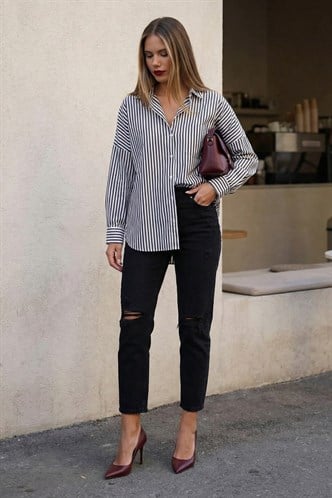 Siyah Çizgili Kadın Gömlek Mg2410
