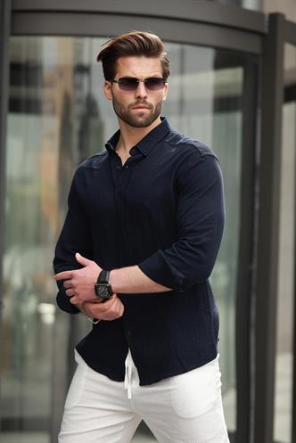 Lacivert Basic %100 Pamuklu Uzun Kollu Erkek Gömlek E6761