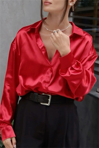 Kırmızı Gizli Düğmeli Şık Kadın Saten Gömlek MG2675