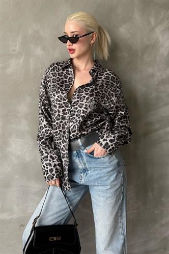 Siyah Leopar Desen Kadın Gömlek Mg2296