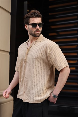 Bej Gofre Kumaş Erkek Gömlek E6772