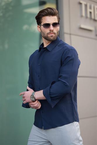 Lacivert  Basic Uzun Kollu Erkek Gömlek E6762
