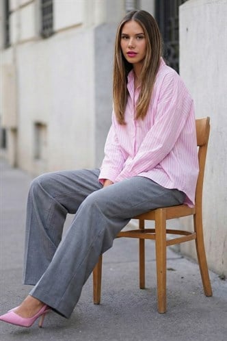 Pembe Çizgili Kadın Gömlek Mg2410