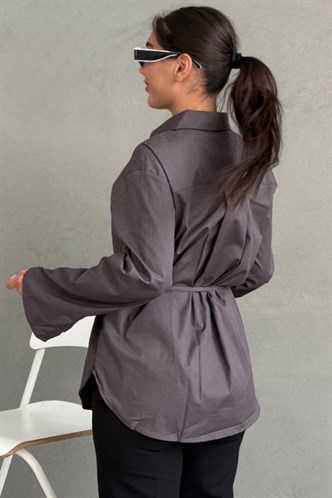 Füme Belden Bağlamalı Oversize Cepli Gömlek MG2798