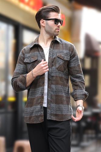 Haki Desenli Göğüs Cepli Erkek Polar Gömlek 6754