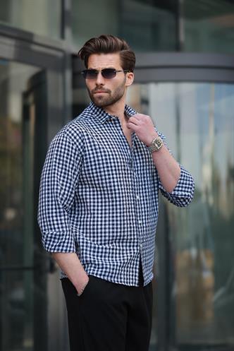 Lacivert Pötikareli Uzun Kollu Erkek Gömlek E6763