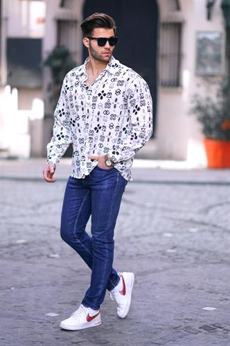 Siyah  Desenli Uzun Kollu Oversize Erkek Gömlek 6731