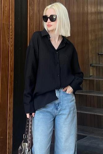 Siyah Uzun Kollu Çizgili Oversize Gömlek MG2080