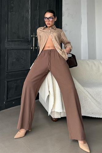 Camel Çizgili Cep Detaylı  Kadın Gömlek Mg2345