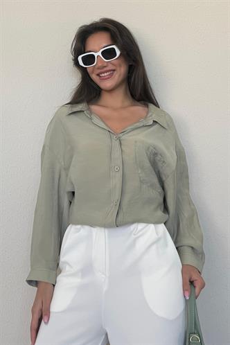 Mint Yeşili Cepli Kadın Uzun Kollu Gömlek MG2409