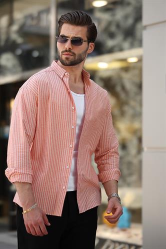 Turuncu Çizgili Uzun Kollu Pamuklu Erkek Gömlek 6746