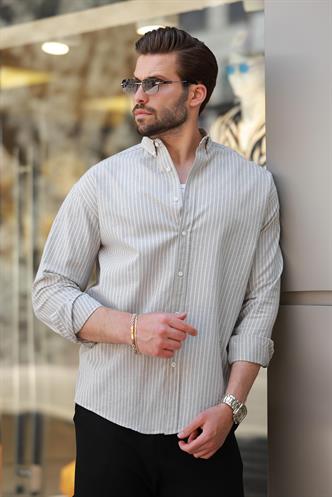 Gri Çizgili Uzun Kollu Pamuklu Erkek Gömlek 6746