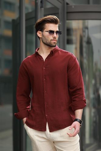 Bordo Basic %100 Pamuklu Uzun Kollu Erkek Gömlek E6761