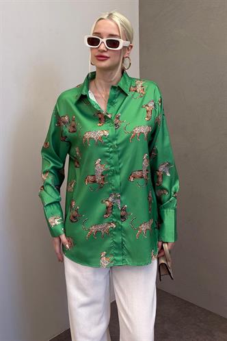 Mad Girls Leoparlı Yeşil Saten Gömlek MG187