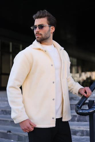 Ekru Çıt Kapamalı Yandan Cepli Erkek Gömlek Ceket E6769