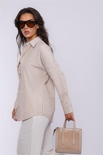 Bej Pötikareli Uzun Kollu Kadın Gömlek Mg2386
