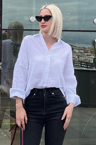 Beyaz Muslin Kumaş Basic Kadın Gömlek MG1660