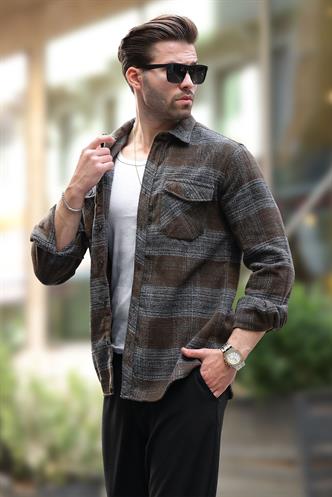 Haki Desenli Göğüs Cepli Erkek Polar Gömlek 6754