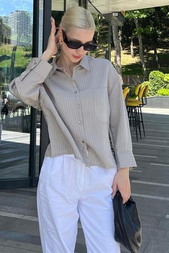Gri Çizgili Oversize Kadın Gömlek MG2093