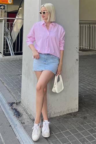Pembe Çizgili Over Fit Gömlek Mg1525