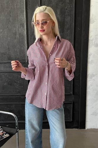 Bordo Çizgili Over Fit Gömlek MG1525