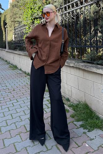 Kahverengi Muslin Kumaş Basic Kadın Gömlek MG1660
