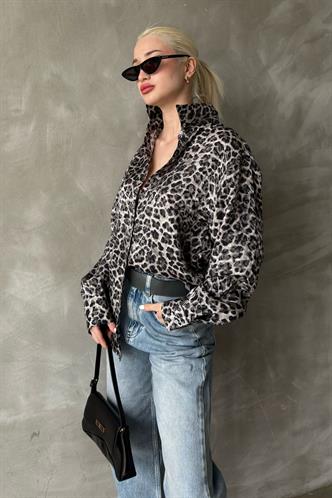 Siyah Leopar Desen Kadın Gömlek Mg2296